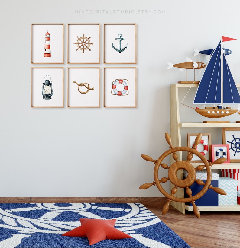 Rope knot lantern lifebuoy nautical printable art ocean decor set