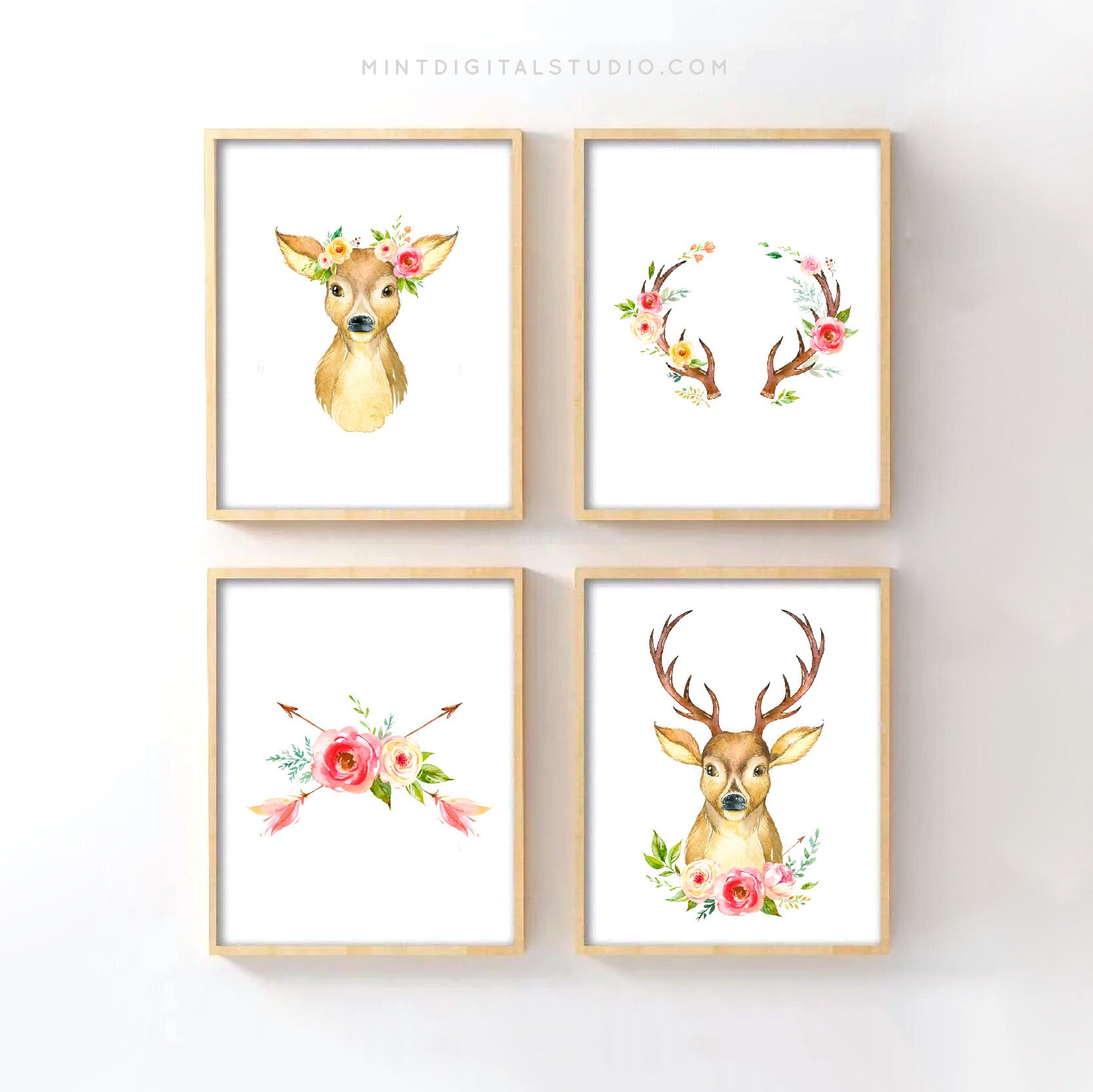 Baby Girl Deer Nursery Prints Floral Nursery Decor Woodland Etsy