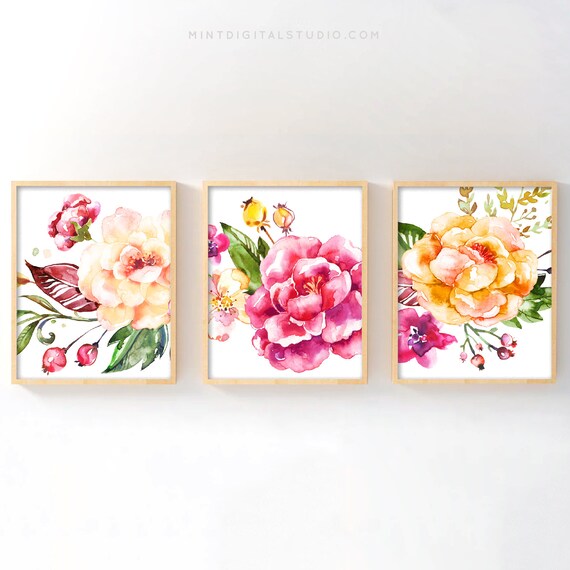 Wall Décor Prints Baby Girl Nursery Art Set of Three Pink Floral ...
