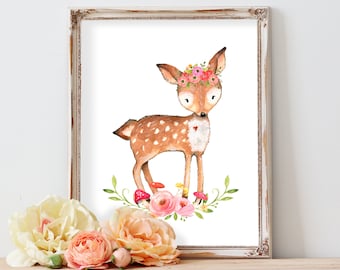 Watercolor Fawn Nursery Wall Art Print, Boho Floral Baby Deer Girl Decor, Vintage Woodland Printable, Baby Shower Gift, Instant Download