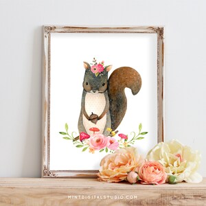 Squirrel Nursery Wall Art – Woodland Animal Print for Girls, Floral Boho Forest Nursery Decor, Baby Animal Printable Art