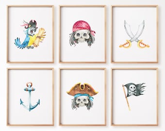 Juego de 6 láminas decorativas de piratas para la habitación infantil, decoración en acuarela para habitación de niños, lámina imprimible de calavera, loro y tesoro, arte para la habitación infantil, descarga instantánea.