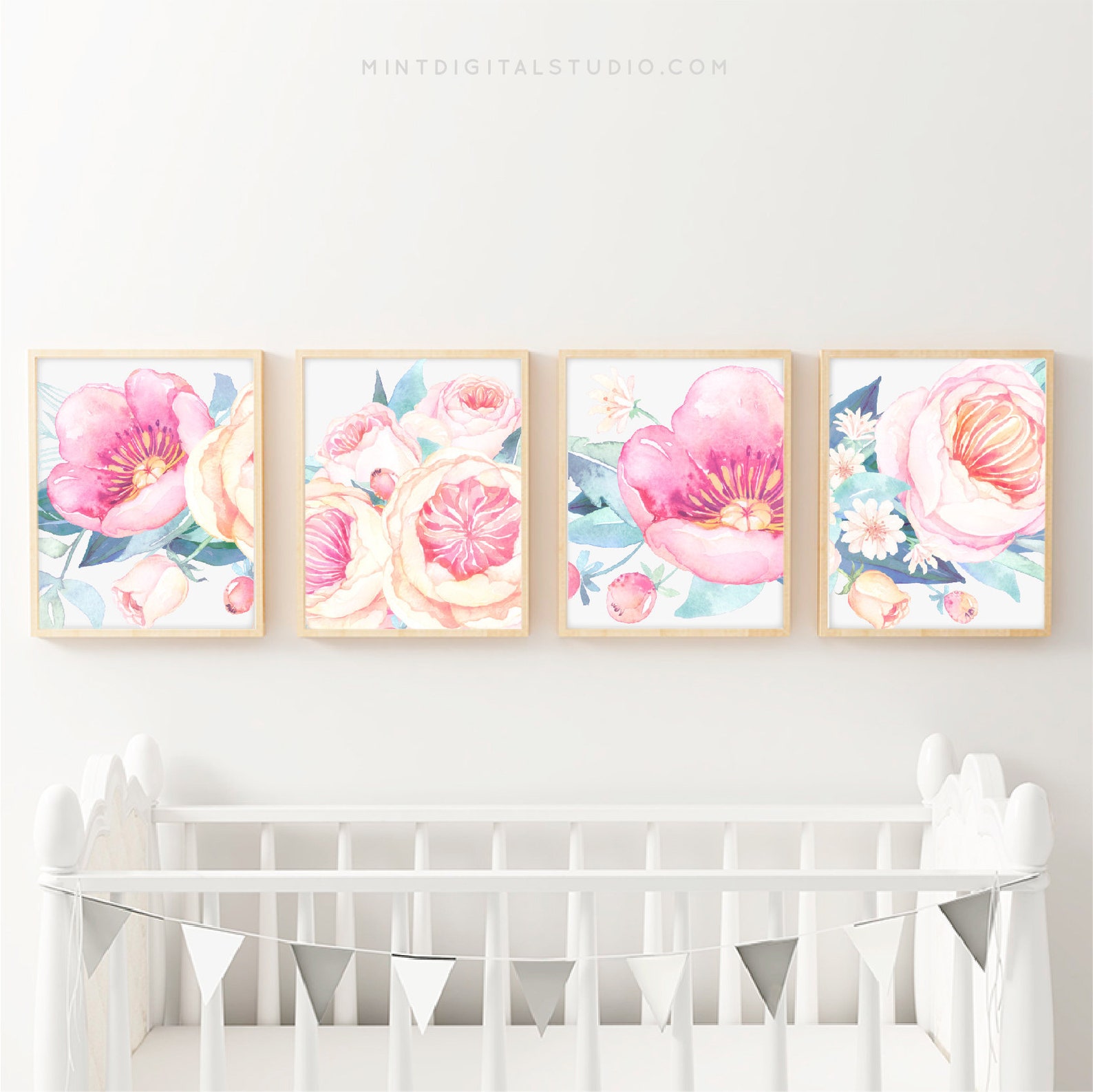 Blush Pink Floral Wall Art Set of 4 Floral Nursery Prints Etsy