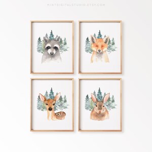 Woodland Nursery Wall Art Set of 4 – Forest Animal Prints for Baby Room, Gender Neutral Nursery Decor, Rustic Woodland Baby Shower Gift
