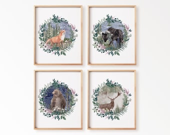 Watercolor Woodland Nursery Wall Art Set of 4, Fox Bear Wolf Deer Floral Wreath Prints, Boho Baby Girl Room Decor, Baby Shower Gift