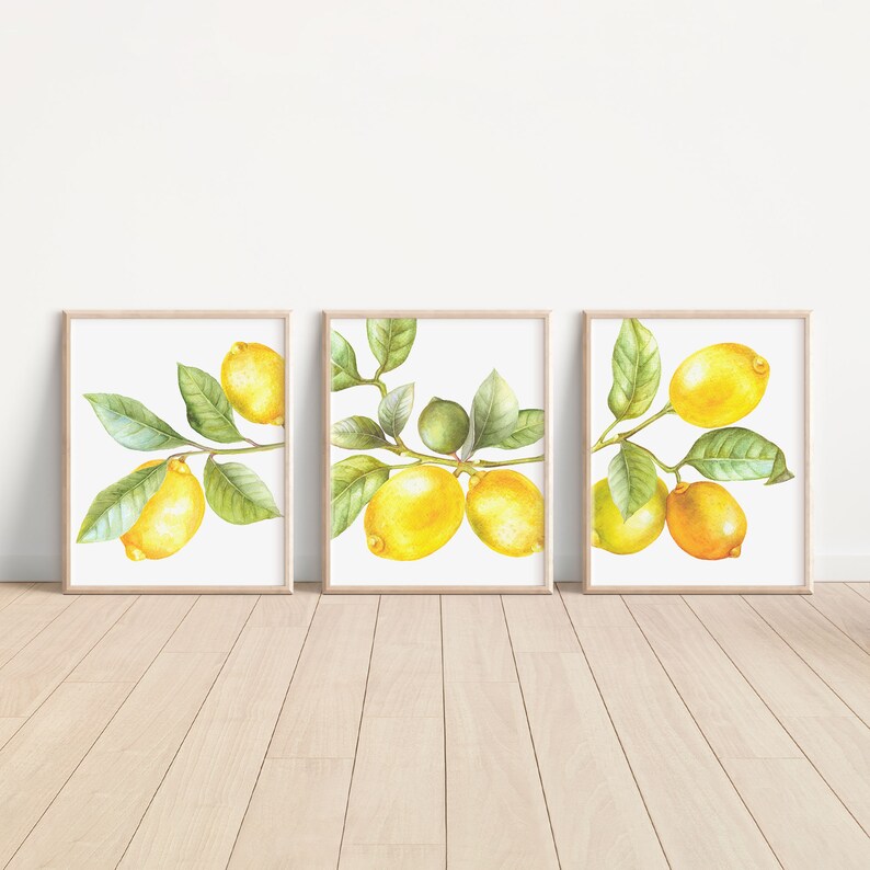 Lemon Art Print Set of Three, Printable Lemon Wall Art Prints, Citrus Wall Art, Lemon Kitchen