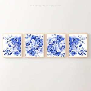 &quot;4er Set - &quot;&quot;Blaue Blumen&quot;&quot; Wandkunst - Druckbare botanische Kunstdrucke in Blau und Weiß, Cottagecore Dekor, sofortiger Download.&quot;