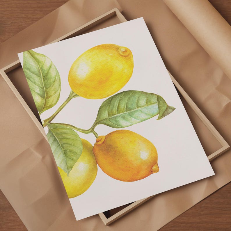 Watercolor lemon branch detail yellow lemons green leaves botanical print