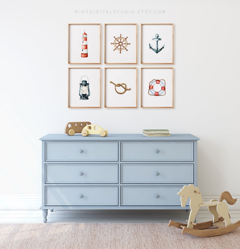 Nautical nursery art set of 6 coastal ocean prints digital download