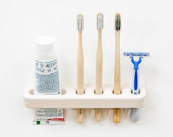 Portacepillos de dientes de madera de fresno hecho a mano / Organizador de baño de pared