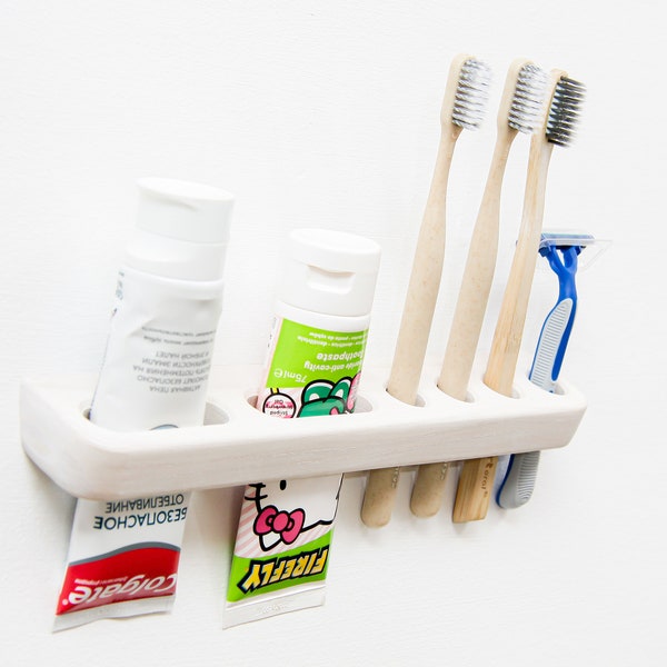 White Double Toothpaste and Toothbrush Holder Wall || Handmade Wooden Toothbrush Holder | Toothbrush and Toothpaste Holder