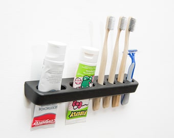 Portacepillos de dientes de madera negro / Organizador de baño de pared