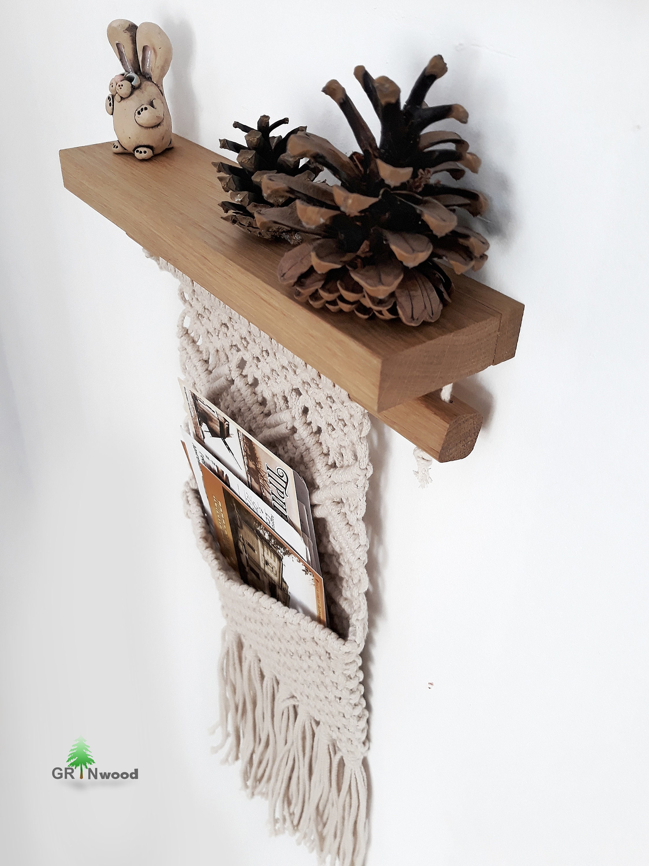 Wall Magnetic Key Holder With Macrame Pocket // Wood Floating Shelf ...
