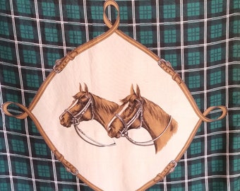 1930s FRENCH HORSES SCARF in silk with wonderfully expressive faces and tartan background. Equestrian lover vintage gift.