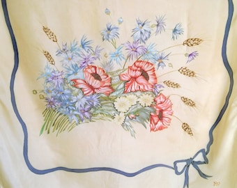 Vintage WILD FLOWERS BOUQUET French Silk Scarf of red poppies, daisies and forget-me-not with ribbon and bow.