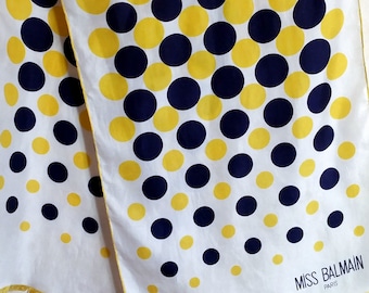 1960s VINTAGE MISS BALMAIN French Silk Scarf of bright polka dots in sunshine yellow and navy blue in asymmetrical pattern.