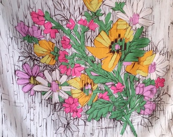 1950s FRENCH CUBIST BOUQUET Silk Scarf of beautiful one of a kind flowers in bright spring colors.