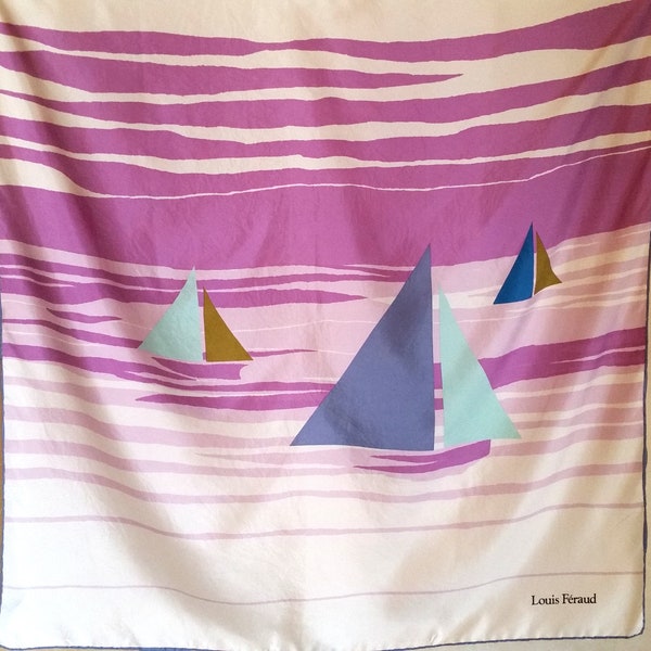 1960s LOUIS FERAUD SCARF of abstract sailing boats at sunset on quality silk.  Vintage French designer large pastel gift.