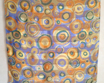 1970s French Groovy vintage Silk Scarf, mod boho design of circles by Michel le Brun in woven satin and chiffon stripes.