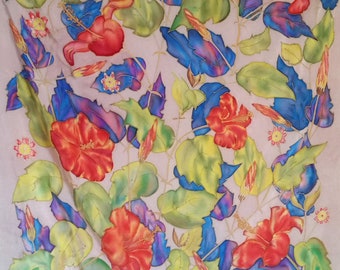Vintage STUNNING HIBISCUS FLOWERS French Silk Scarf of bright bold colors. A truly unique garden lovers gift.