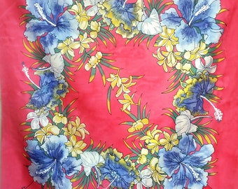 Vintage EXOTIC SILK SCARF of hibiscus, plumeria and anthurium on bright red background, made in France.
