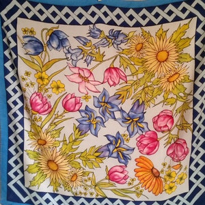 daisies Vintage PRETTY WILDFLOWERS SCARF of sunflowers roses and butterflies irises Lovely floral meadow shawl by Gabriella Vicenza.