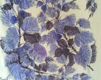 1950s FRENCH GRAPE VINES Silk Scarf by Castel in varying shades of blue. Vintage bunches of grapes and leaves autumn wine lover gift.