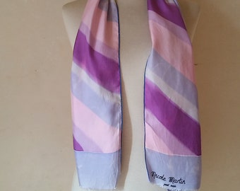 Vintage PRETTY PASTEL RAINBOW French Silk Scarf by Nicole Martin of angled stripes in purples, pinks, and slate blues.