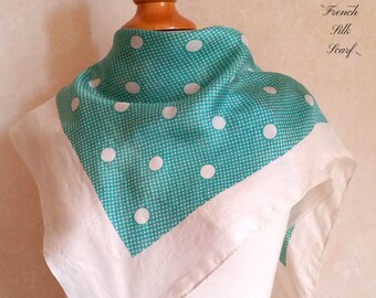 1930s FRENCH POLKA DOT Silk Scarf with hatched teal background and white spot pattern and borders