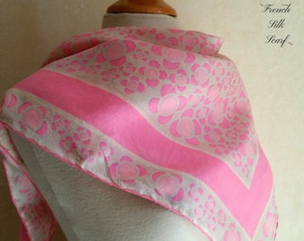 1960s GROOVY BOHO FLOWERS French vintage silk scarf of floral hot pink to pastel pale design.
