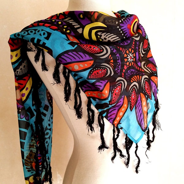 Vintage Bohemian French Silk Scarf in feathers and flower design of bold colors. Large shawl with black boho fringe.