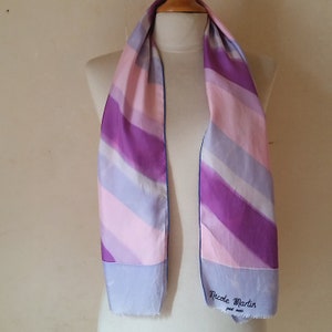 Vintage PRETTY PASTEL RAINBOW French Silk Scarf by Nicole Martin of angled stripes in purples, pinks, and slate blues.