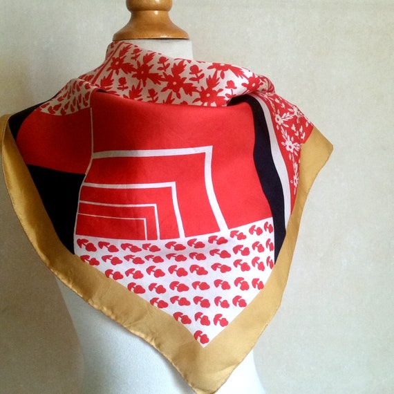 Vintage Quilt Design French Silk Scarf of geometr… - image 2