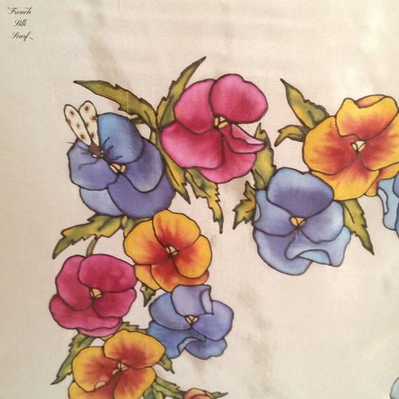 Vintage PRETTY SPRING PANSIES French Silk Scarf h… - image 9