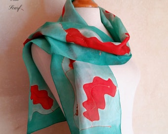 Vintage Boho Style French Silk Scarf of autumn falling leaves in brought bold fall foliage colors on aqua background.