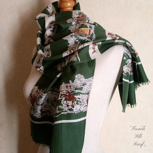 1930s REGENCY STYLE EQUESTRIAN French Silk Scarf depicts horse racing, jumping, hunting, ladies and gentlemen walking