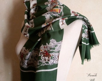 1930s REGENCY STYLE EQUESTRIAN French Silk Scarf depicts horse racing, jumping, hunting, ladies and gentlemen walking