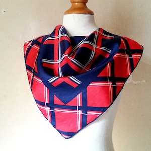 1950s VINTAGE FRENCH TARTAN Silk Scarf in red white and blue. Classic mid century style from France.