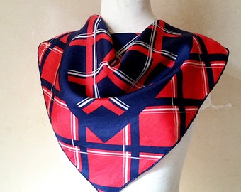 1950s VINTAGE FRENCH TARTAN Silk Scarf in red white and blue. Classic mid century style from France.