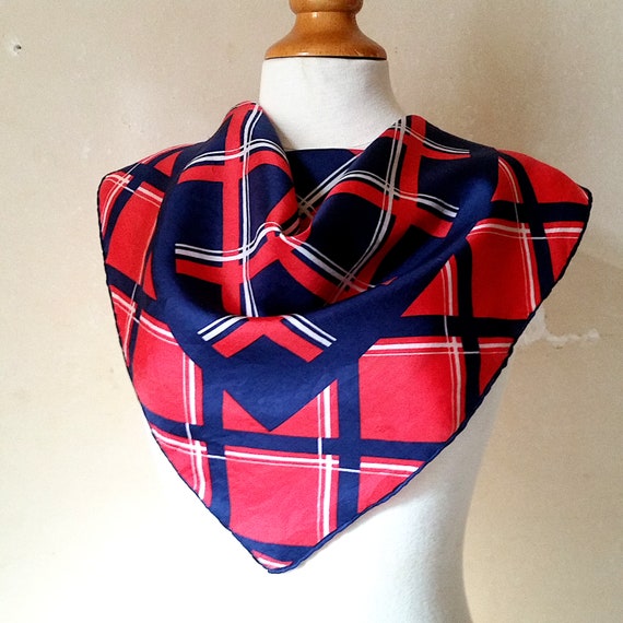 1950s VINTAGE FRENCH TARTAN Silk Scarf in red whi… - image 1