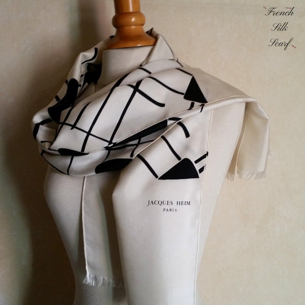 1950s VINTAGE ATOMIC DESIGN French Silk Scarf by Jacques Heim of monochrome mid century modern design. Rare haute couture Paris designer.