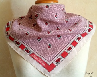 vintage FRENCH FLOWERS for HER silk scarf by Michel Le Brun with poinsettia blooms and geometric patterned background .