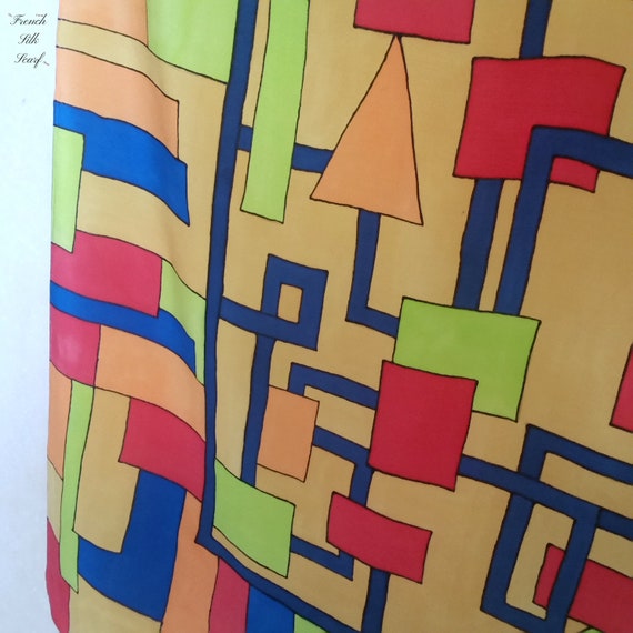 Vintage Maze French Silk Scarf of lines, squares,… - image 4