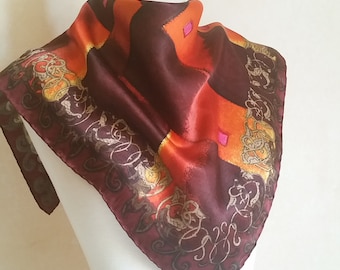Vintage BOHO PATCHWORK DESIGN French Silk Scarf with baroque border, abstract art in vivid earth tones of orange, hot pink, chocolate brown.