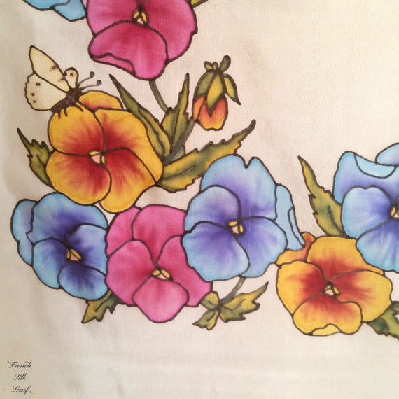 Vintage PRETTY SPRING PANSIES French Silk Scarf h… - image 8