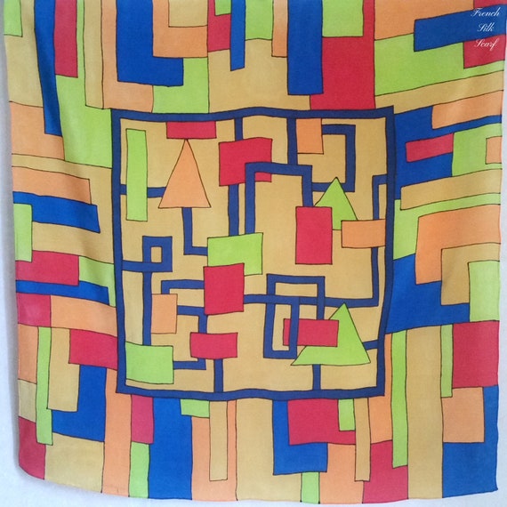 Vintage Maze French Silk Scarf of lines, squares,… - image 8