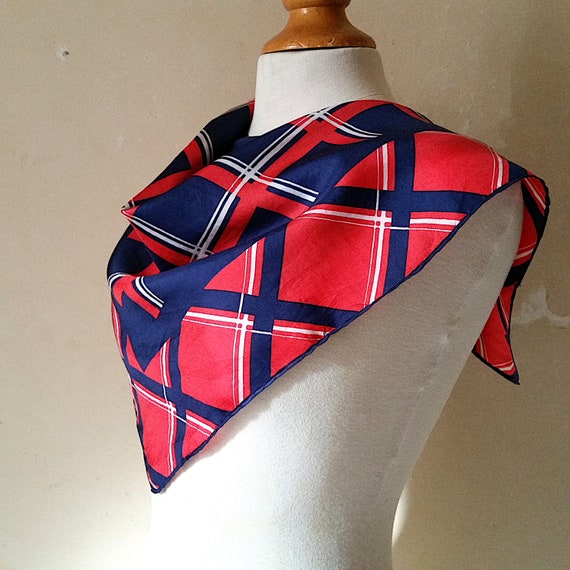 1950s VINTAGE FRENCH TARTAN Silk Scarf in red white a… Gem