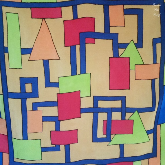 Vintage Maze French Silk Scarf of lines, squares,… - image 5