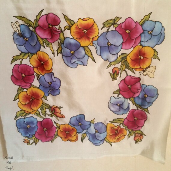 Vintage PRETTY SPRING PANSIES French Silk Scarf h… - image 7