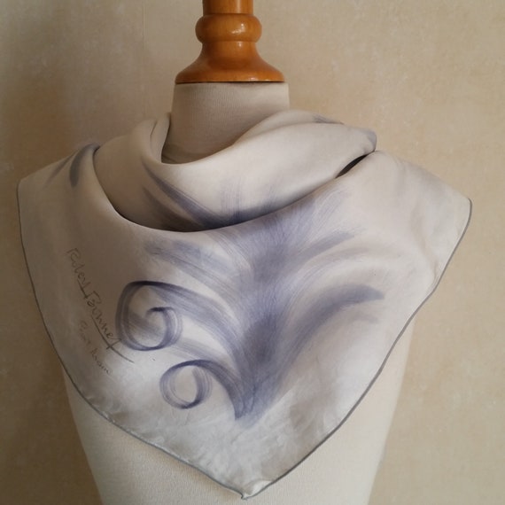 1960s DREAMY FRENCH FERNS Vintage Silk Scarf by Robert Bonnet of abstract subtle nature design in slate andnavy blue